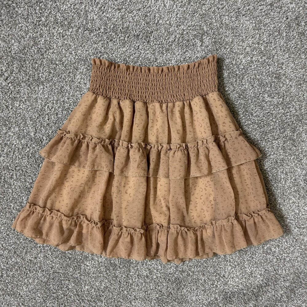 Altar'd State Skirt Womens Small Tan Tiered Ruffle Smocked Waist Mini Leopard